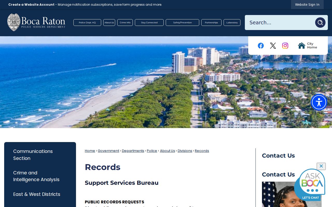 Boca Raton Police Services records information page