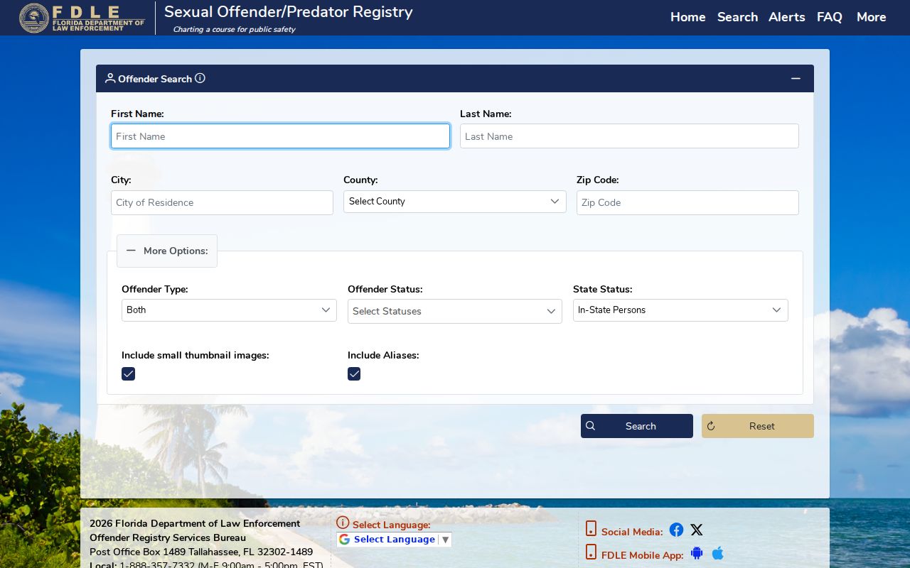 FDLE Florida registry public profile and results interface