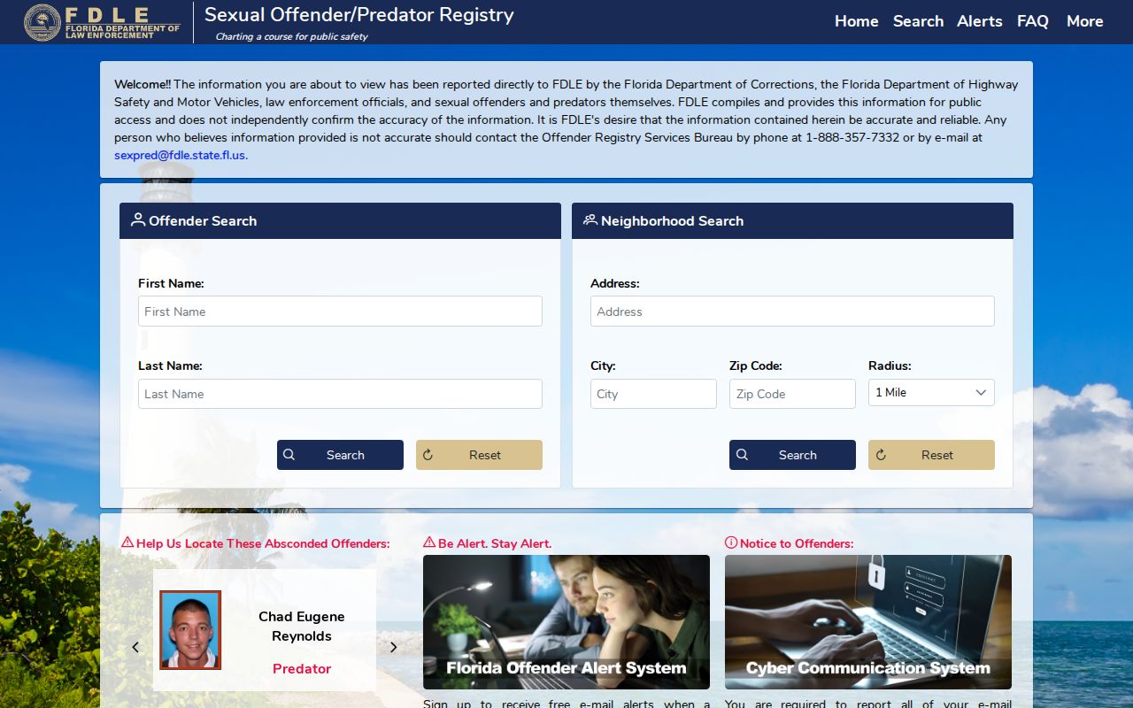 FDLE Florida sex offender registry name and neighborhood search screen
