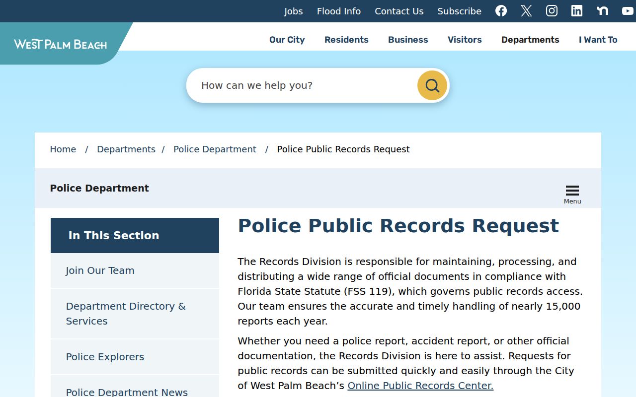 West Palm Beach criminal history police records request page